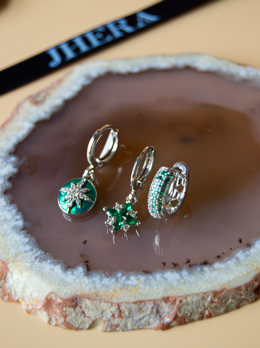 3 Pieces Earrings Silver Color Green Zircon Stones