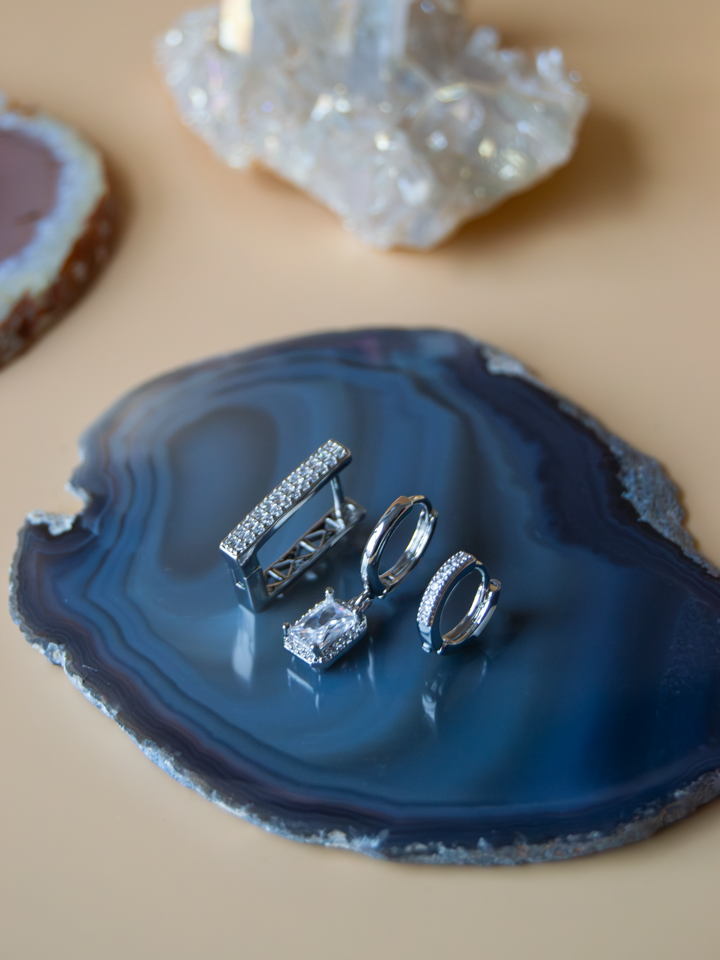 3 Pieces Earrings Silver Color Zircon Stones