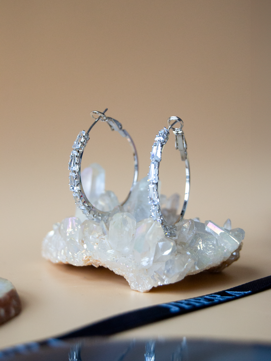 2 Pieces Diamond Hoop Earrings Silver Color Zircon Stones