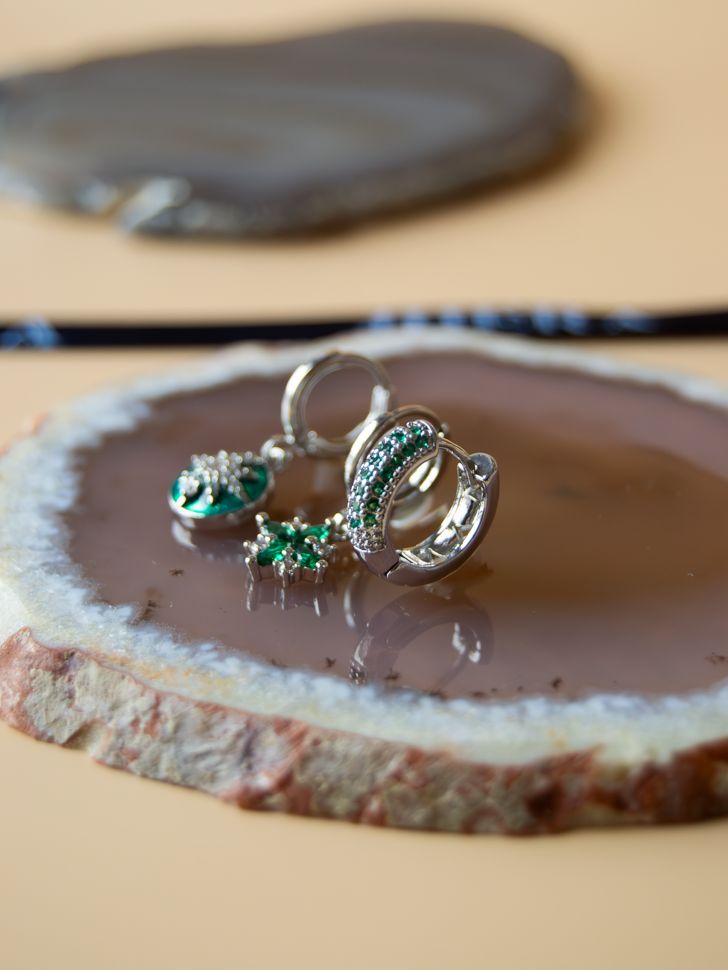3 Pieces Earrings Silver Color Green Zircon Stones